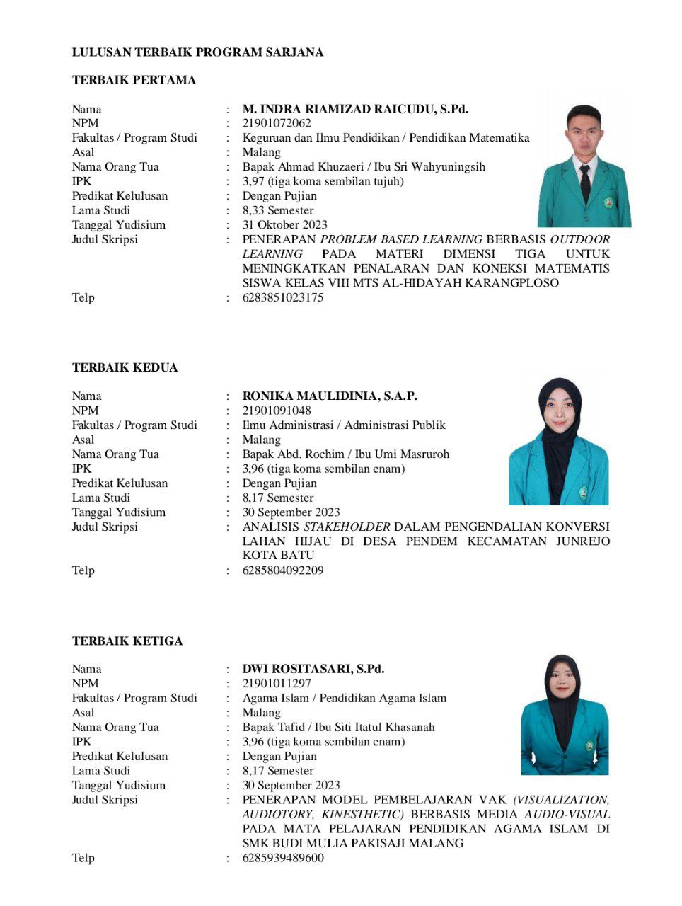 Lulusan Terbaik Tingkat Universitas Unisma pada Wisuda Periode ke-72 Tahun 2024